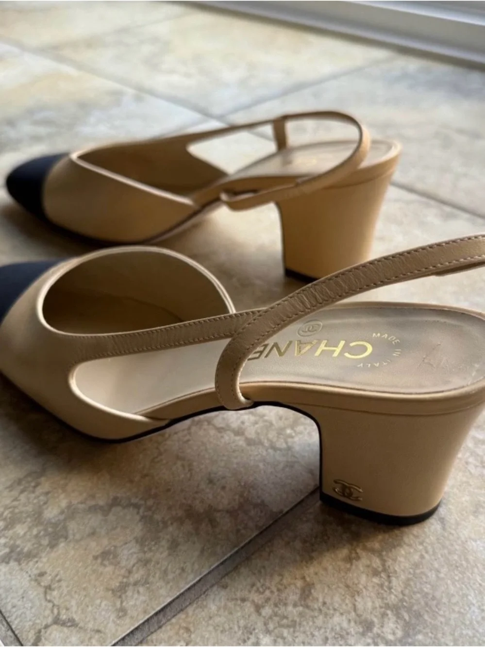 CHANEL Beige and Black Two-Tone Slingback Pumps